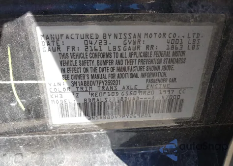 2023 Nissan Sentra Sr Xtronic Cvt из США, поврежденный, VIN 3N1AB8DV7PY269201